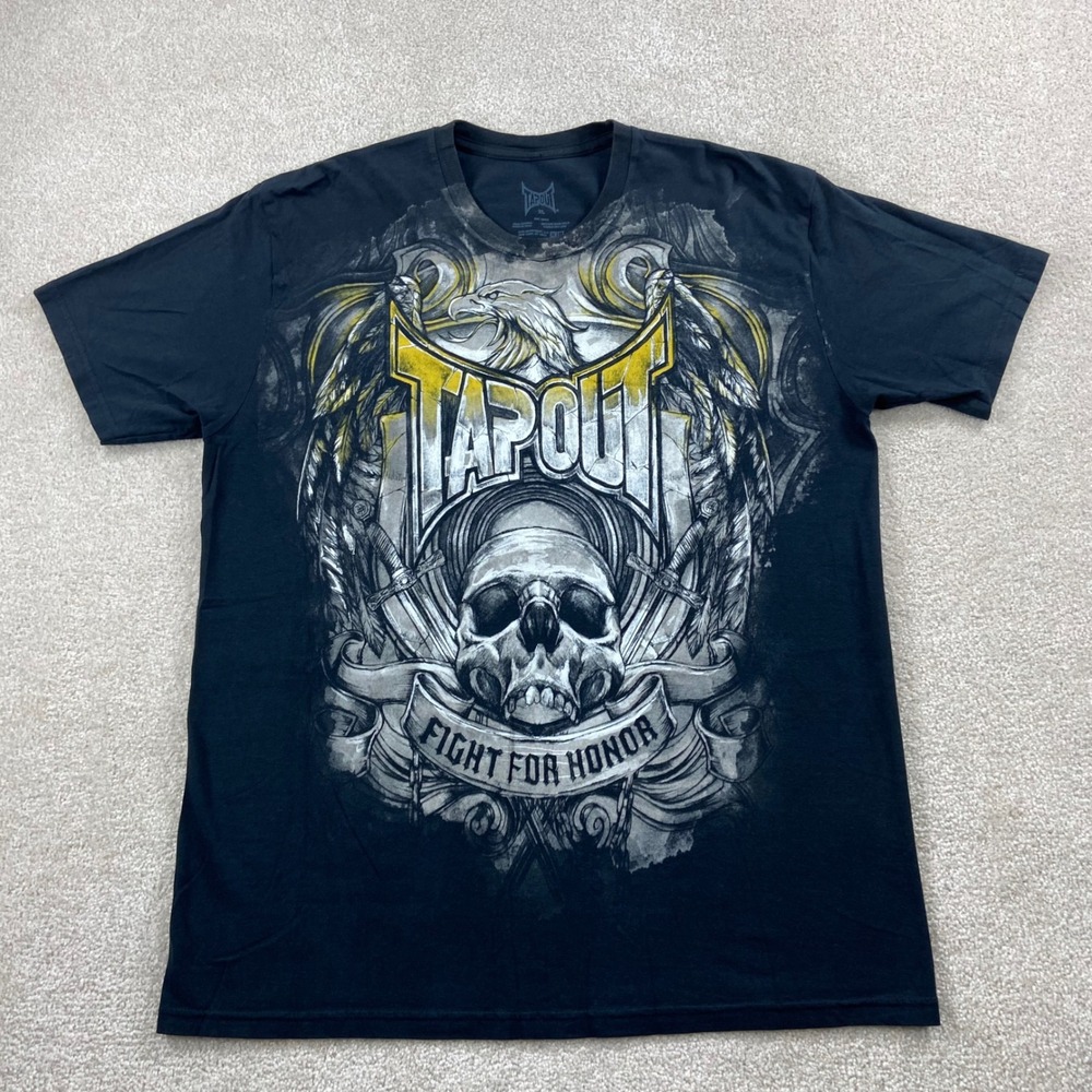Y2K Tapout Graphic T-Shirt Mens XL Black Fight For Honor‎ Skull Eagle MMA Tee